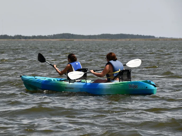 Two adults paddling a double kayak