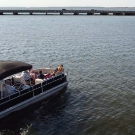 An Areial shot of one of Causeway Watersports pontoon rentals.