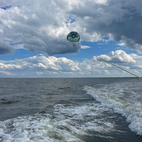 Parasailing on a cloudy day in Nags head, while on vacation in the Outer Banks.