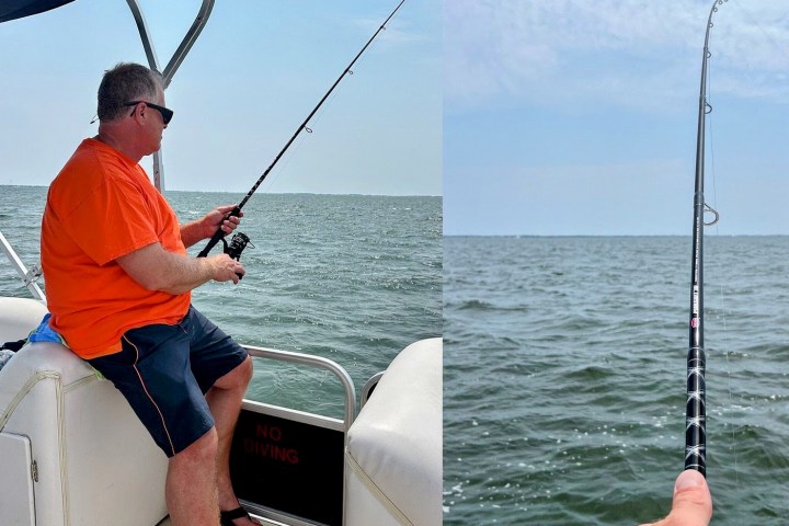 A man fishing during his pontoon rental in Nags Head, while on his Outer Banks vacation.