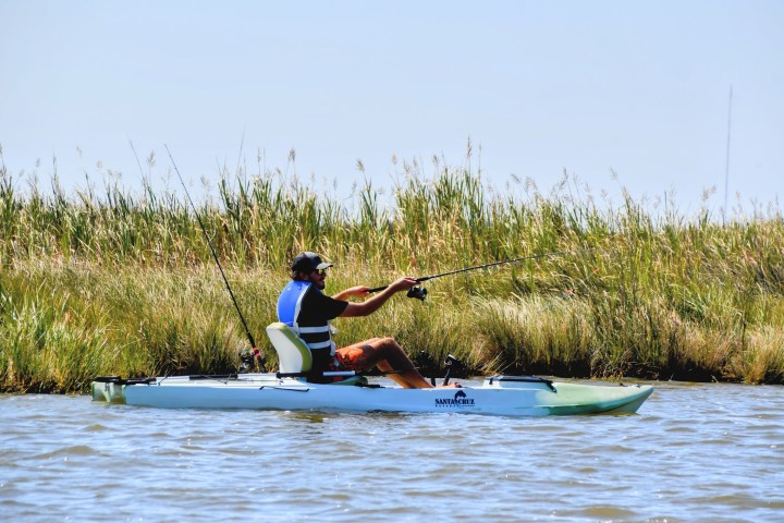 Man fishing from a kayak in a marshy area on a sunny day.