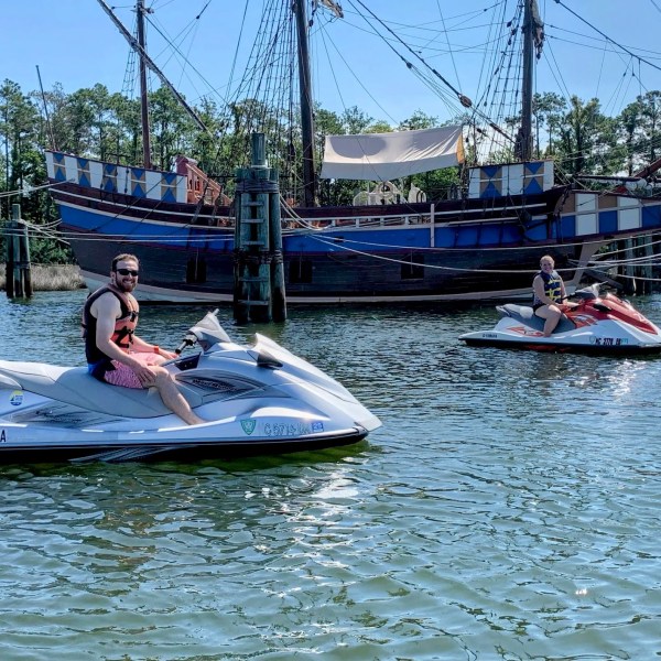Passing a pirate ship while on a jet ski tour passing through Manteo NC.