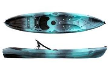 Top and side view of a blue and black kayak with seat and footrests.